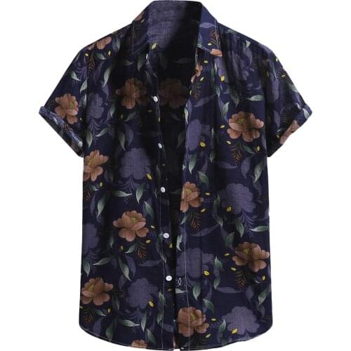 New Fashion Hawaiian Shirt Men Cotton Linen Print Short Sleeve Button Shirt Mens Vintage Clothes Blouse Top Chemise Homme