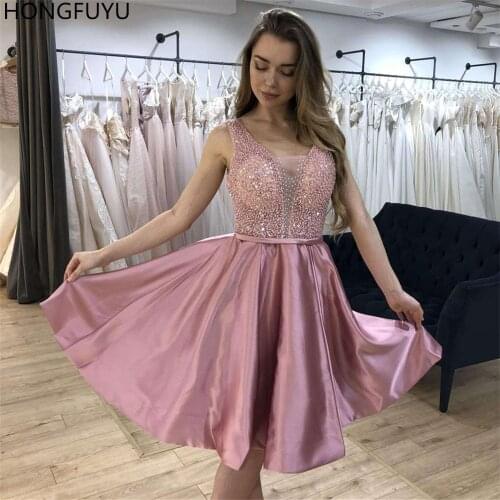 HONGFUYU Short Homecoming Prom Dresses Luxury Crystals Satin Formal Graduation Dress A-line Knee Length Cocktail Party Gowns