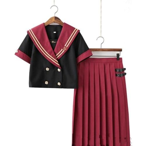 Jk Suit Uniform sets Cute Girl Daily Sailor skirt Jpanese Kawaii Preppy Suit Rose Double-Breasted short/long sleeve Top + Skirt