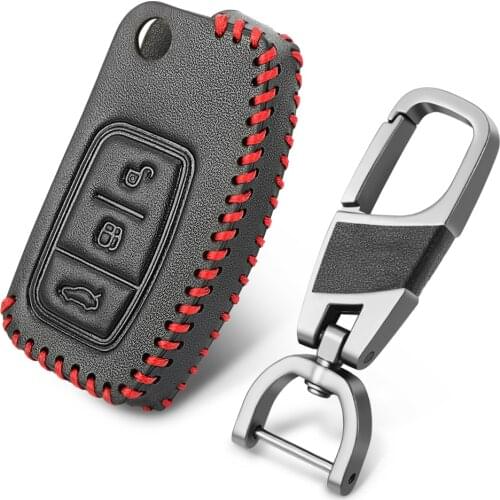 3 Buttons Leather Car Key Case Cover For Ford Fiesta Focus Mondeo Falcon B-Max C-Max Flip Folding Key Bag Protector Keychain
