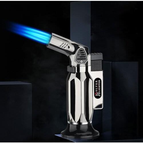 Kitchen Windproof Cigarette Lighter Metal Gas Lighter Elbow Cigar Butane Lighters Three Torch Small Spray Gun Blue Flame