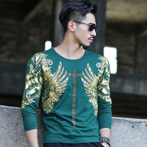 Summer Autumn Mens Fashion T Shirt Hoodies Floral Gilding Printing Cotton Long Sleeve Tshirt Casual Slim Male Tops