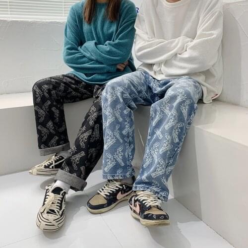 Hong Kong style men graphic print jeans 2021 South Korean women street wear jeans HIP HOP straight jeans clothing fashion