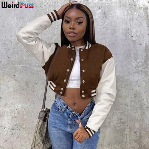 Weird Puss Short Baseball Jacket Women Casual Leather Patchwork Button Tops Fashion Autumn Long Sleeve High Street Sporty Coat