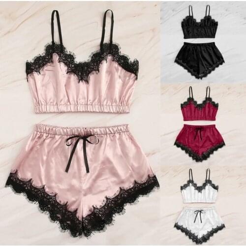 New Women Sexy Sleepwear Satin Casual Lingerie Lace Pajamas Set Elegant Sleeveless Top And Shorts Night Underwear Set Пижама