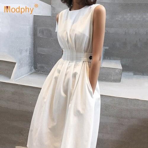 2020 Women Solid White Black Fashion Elegant Casual Party Dress O neck Sleeveless Tank Sundress Female Vacation Vestido