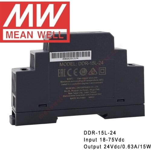 Original Mean Well DDR-15L-24 Din Rail Type DC-DC Converter meanwell 24V/0.63A/15W DC to DC Power Supply 18-75Vdc input