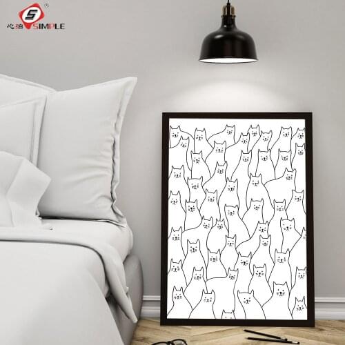 Nordic Cartoon Abstract Line White Cats Draw Picture Home Decor Canvas Painting Wall Art Unique Posters and Prints For Bedroom