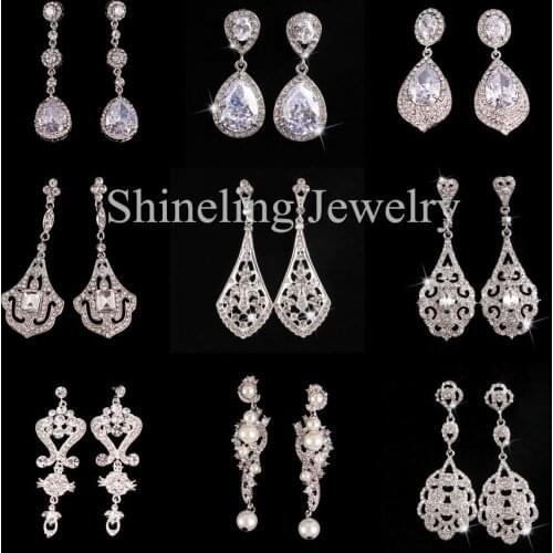 SLBRIDAL Pouplar Wedding Earring Bridal Earring Vintage Rhinestones Crystals CZ Earring Art Deco Zircon Dangle Earring Women