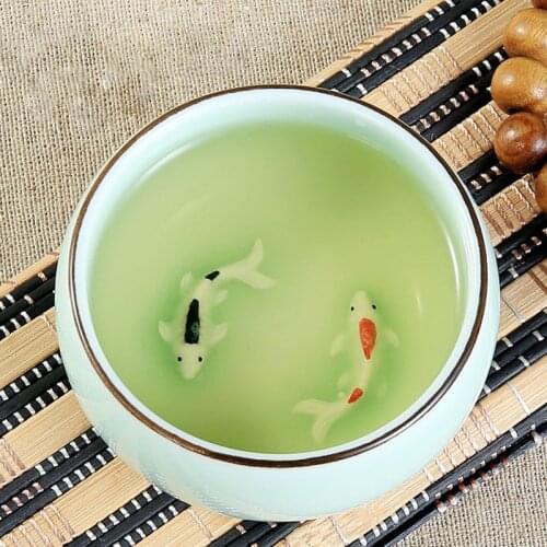 45ml/80ml Handpainted Ceramic Embossed Double Carp Teacup Longquan Celadon Three-foot Fish Luohan Ancient Personal Cups 2 Colors