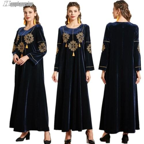 Vintage Velvet Abaya Dubai Kaftan Women Muslim Embroidery Dress Islamic Clothing Arabic Robe Winter Warm Gown Plus Size Vestidos