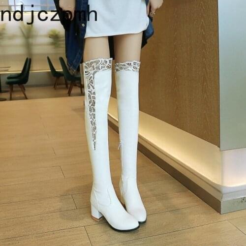 Long Boots The New Fashion Winter Round Head Lace Zipper Comfortable Square Heel Mid Heel Thigh High Boots Plus Size 33-43 Black