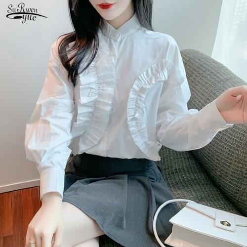 2021 Autumn Irregular Pleated Ruffled Women Shirt Lace Fungus Loose White Blouse Woman Elegant Pure Solid Casual Top Women 16277