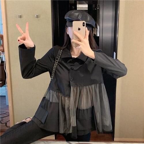 Women 2020 Spring New Fashion Lace Mesh Sheer Spliced Blouses Female Full Polo Collar Shirts Ladies Loose Solid Color Tops X97