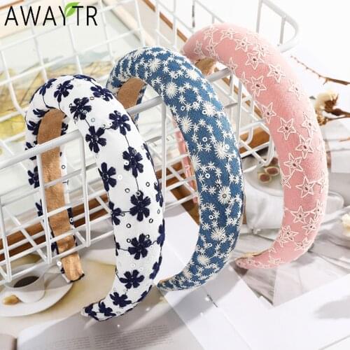 AWAYTR Female Bezel Padded Headband for Women Hairband Sequins Flowers Embroidery Thick Hair Hoop Bands Retro Hair Accessories