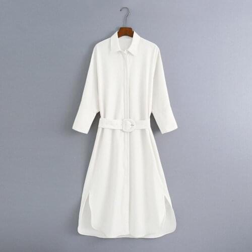 European American Dress Womens 2020 Summer High Waist Lapel Belt Shirt Dress Women Single Breasted Long Sleeve Dresses Q225