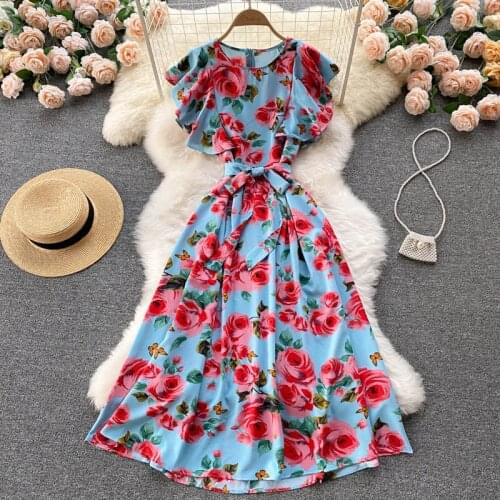 SINGREINY Women French Floral Dress Elegant Fashion O Neck Sashes A-line Dresses Summer Bohemian Casual Vacation Long Sundress