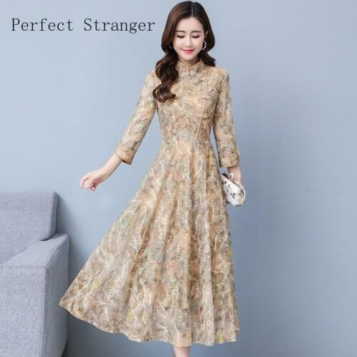 2020 Autumn New Arrival High Quality Elegant Stand Collar Flower Printed Long Sleeve Women Chiffon Long Dress