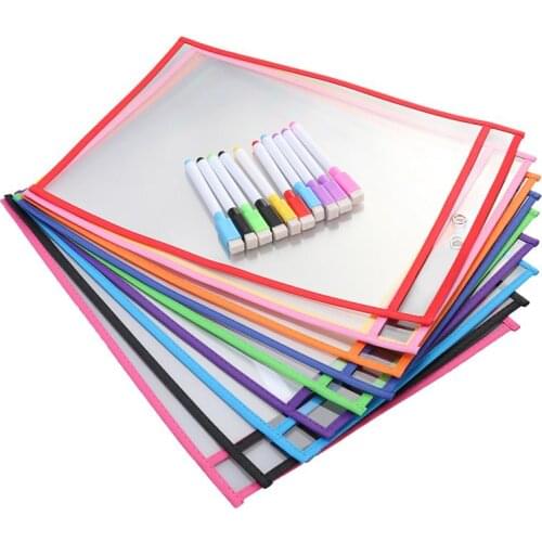 10 Standard Bags 10 Pens Multi-Functional Transparent Dry Erase Pocket Storage PVC Sewing Bag For School Office Kids Students