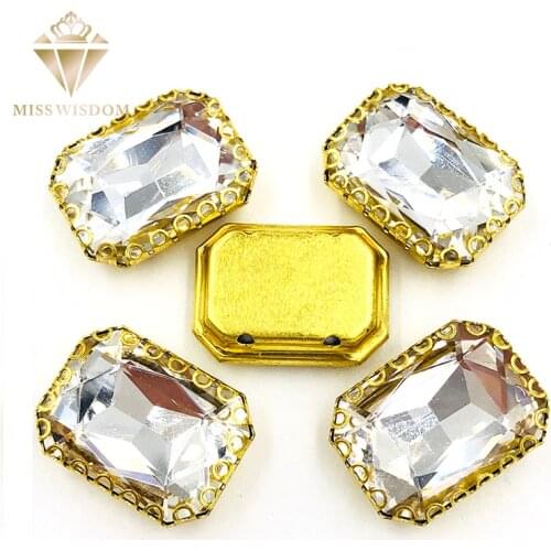8X10/10X14/13x18mm sew on rhinestones Clear white Rectangle gold base lacy shape claw glass crystal rhinestones Diy accessories