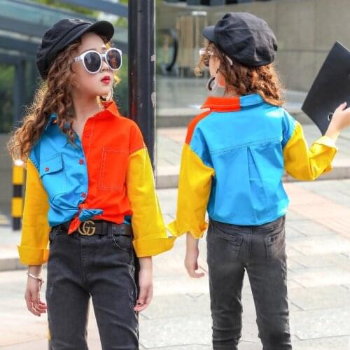 Childrens Clothing 2021 Girls New Stitching Shirt Spring Teen Kids Fashion Shirt Female Baby Color Shirt Girl Blouse 6 8 12 Yrs