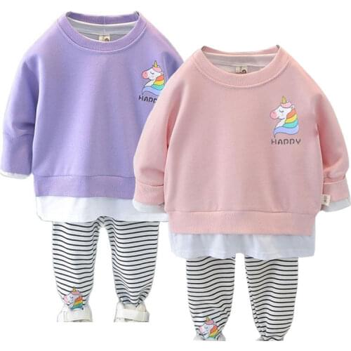 Unicorn Clothing Sets for Girls Long Sleeve Sweatshirts Baby Kids Cartoon Floral Tops Toddler Cotton Striped Pants Children Suit