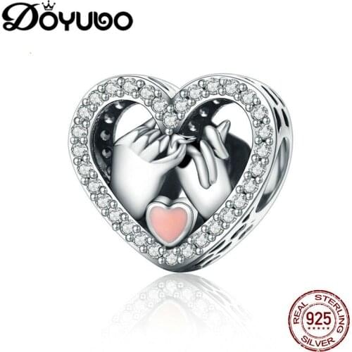 DOYUBO Lovely 925 Sterling Silver Double Hands Heart Charms Cubic Zirconia Fashion Beads To Fit Snake Bangle DIY Jewelry ADD024