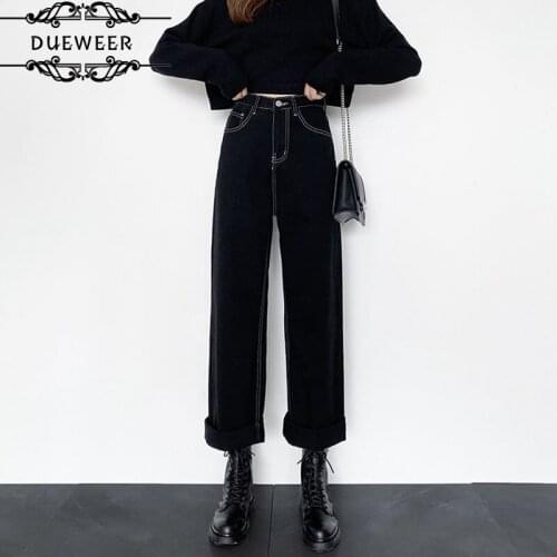 Dueweer Women Denim Jeans Plus Velvet Warm Thicken Solid Loose All-match Fashion Ulzzang Harajuku Casual Streetwear