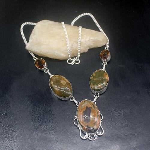 Gemstonefactory Jewelry Big Promotion Unique 925 Silver Natural Ocean Jasper Honey Topaz Women Chain Necklace 48cm 202101475