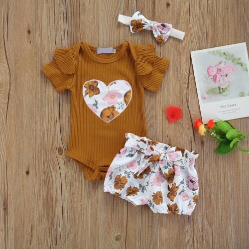 2 Pcs Newborn Casual Outfits, Baby Clothes Heart-shaped Pattern Fly Sleeve Round Neck Romper + Tie-up Flower Print Shorts