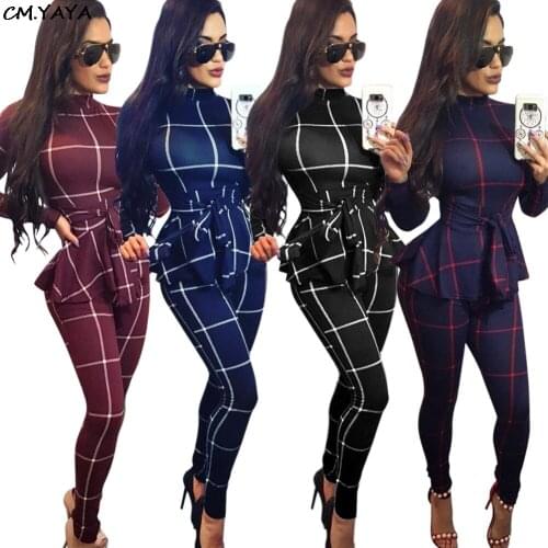 New fashion sexy long sleeve plaid print skinny long pants womens jumpsuits ruffles high waist rompers playsuits 4 colors Y142