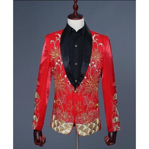 Chorus red stage embroidered groom suits for men blazer boys prom mariage suits fashion slim masculino latest coat pant designs