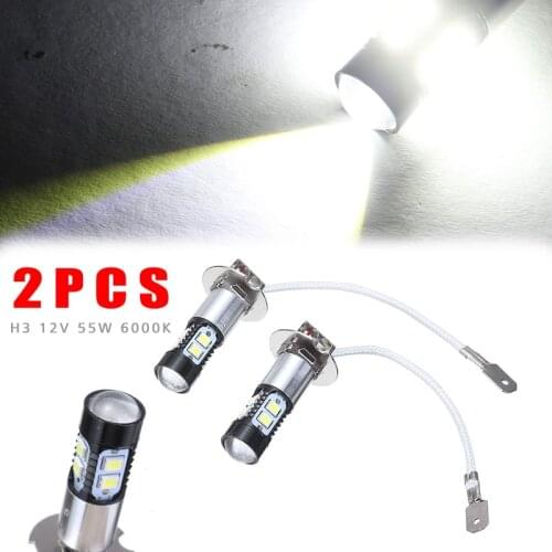Mayitr 2pcs 12-24V DC 55W LED Fog Light Bulb H3 6000K Super White Car Daytime Running Signal Lamp for Car Light Sources