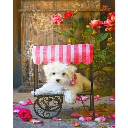 Diy round fill Diamond Painting "Cute Bichon On Cart" cross stitch diamond mosaic embroidery canva home decoration painting