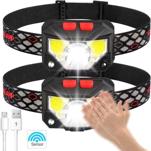 2pcs 20000lums Hands-Free LED Headlamp Motion Sensor Head Light USB Rechargeable Head Torch Built-in Battery Waterproof Fishing