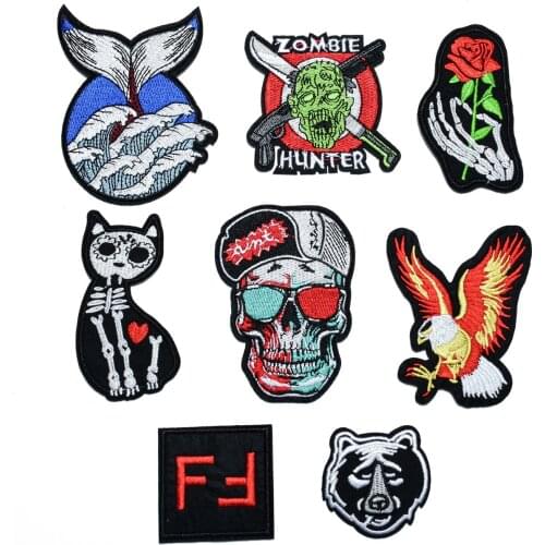 Punk Skull Embroidery Patches Iron on Label Sew-on Embroidered Zombies Appliques Thermo Stickers DIY Clothing Sewing Patterns
