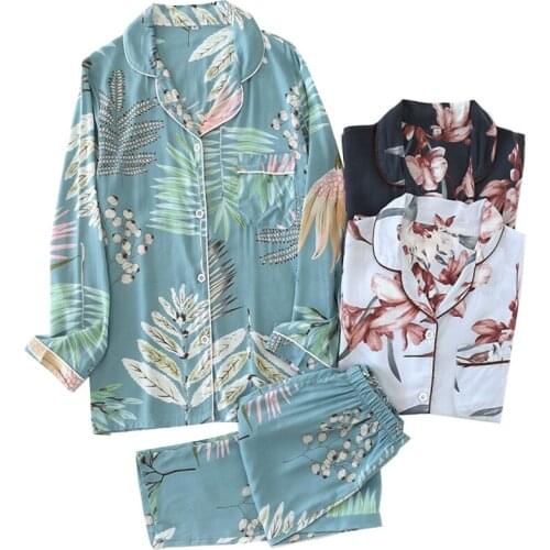 Cotton Pajama Set Womens Spring Summer Thin Cool Mosquito-Proof Long Sleeve+Pants 2Pcs Rayon Household Clothes