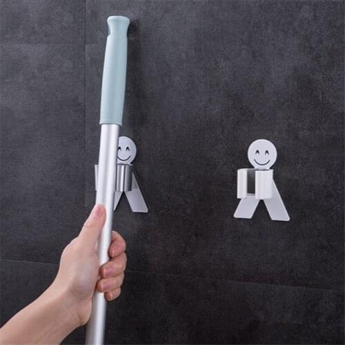 Smile Shape Sticky Hook Plastic Mop Strong Home Bathroom Hooks Holder Brush Broom Hanger Storage Rack Bathroom Holder