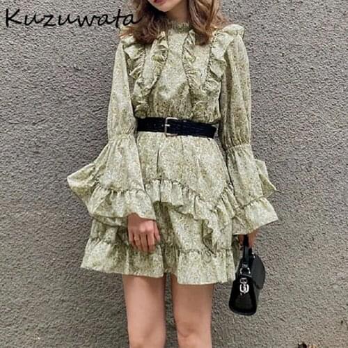 Patch Ruffles Elegant Print Holiday Dress Women High Waist Hip A Line Slim Vestidos Slim Waist Long Sleeve Robe Spring