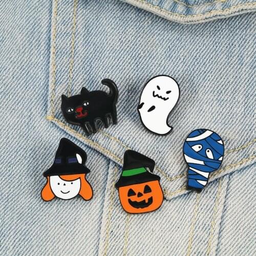 Happy Halloween Brooches Black Cat Witch Mummy Pumpkin Ghost Enamel Pins Cartoon Cute Badges Clothes Lapel Jewelry Gift For Kids