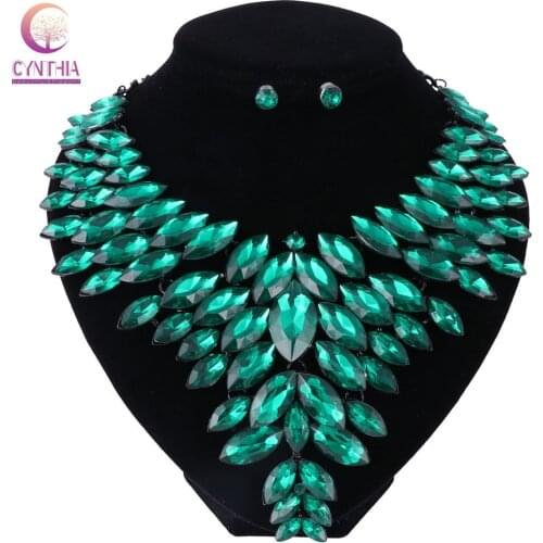 Trendy Luxury Gem Flower Crystal Fashion Long Chunky Bib Pendants Vintage Big Maxi Statement Collar Necklace