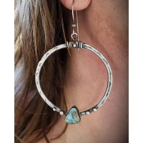 Large Turquoise Dangle Drop Hook Earrings Blue Natural Stone Round Circle Jewelry for Women Artsy Gift Brass & Coppertone KLI30F