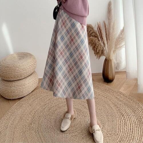 Woman Skirts High Waist Woolen Plaid Skirt Womens A- line Large Hem Skirt over the Knee Skirt Mujer Faldas Saias Mulher
