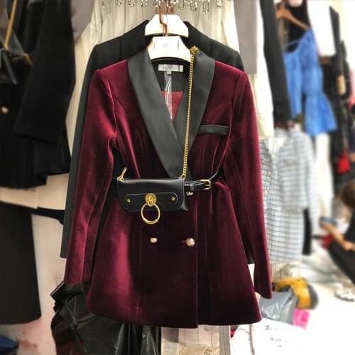 Elegant Mature Women Double Breasted Velvet Suit Blazer Chic Crossbody Purse Matched Fashion Blazer Jacket
