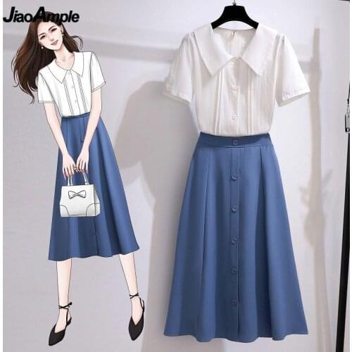 Plus Size Womens Summer 2 Pcs Dress Set 2021 Office Lady Graceful Peter Pan Collar Shirt+A-Line Skirt Suit Work Clothing Female