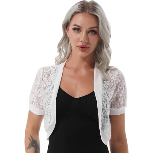 Floral Lace Vintage Crop Cardigan Coat Elegant Women Short Sleeve Evening Party Dress Cape Wraps Slim Short Open Stitch Blouse