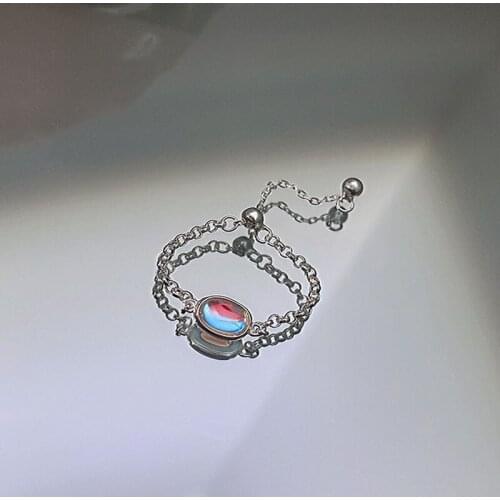 925 Silver Fashion Colorful Round Bead Chain Pull Ring Design Index Finger Ring Simple Light Luxury Cold Wind For Women Jewelry