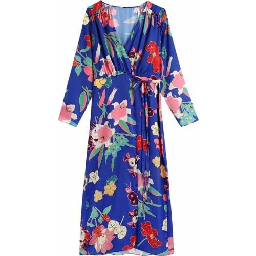 New Women Vogue Lace Up Floral Printed Midi Dress V-neck Long Sleeves Vintage Female Dresses Boho style Woman Robe