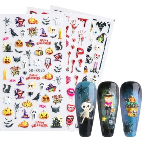 1PC Halloween Nail Stickers Acrylic Engraved Embossed 5D Transfer Decals Trick Floral Party Nail Art Designs Slider Decor NF5D
