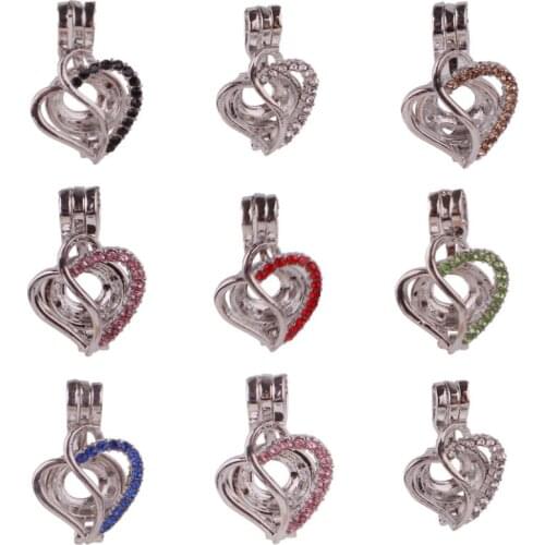 10Pcs/lot Rhinestone Love Heart Shaped Cage Locket Finding Essential Oil Perfume Pendant Locket Jewelry Wholesale